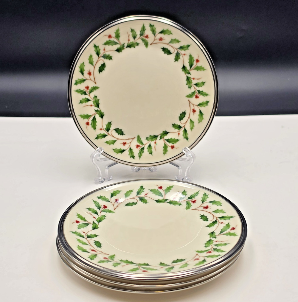 Lenox Holiday Platinum Bread Butter Plates 6.25" Set of 4Ivory Porcelain Holly